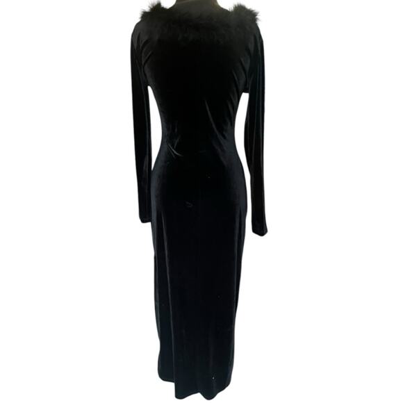 Vtg Y2K Black Velvet Feather Boa Trim Whimsigoth Vamp Glam Maxi Dress Size L - Picture 5 of 7